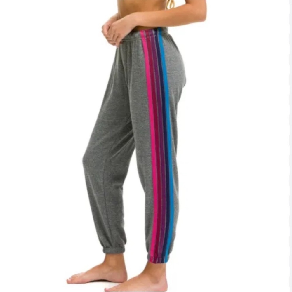 aviator nation grey sweats with purple blue pink stripes